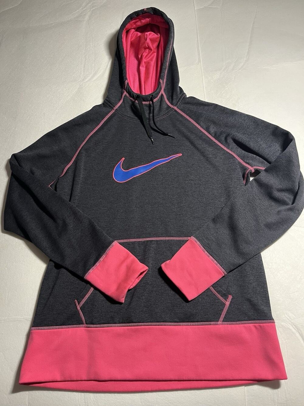 Nike Therma Fit Women’s Large Hoodie Gray Pink Blue Swoosh Pullover W/thumbhole